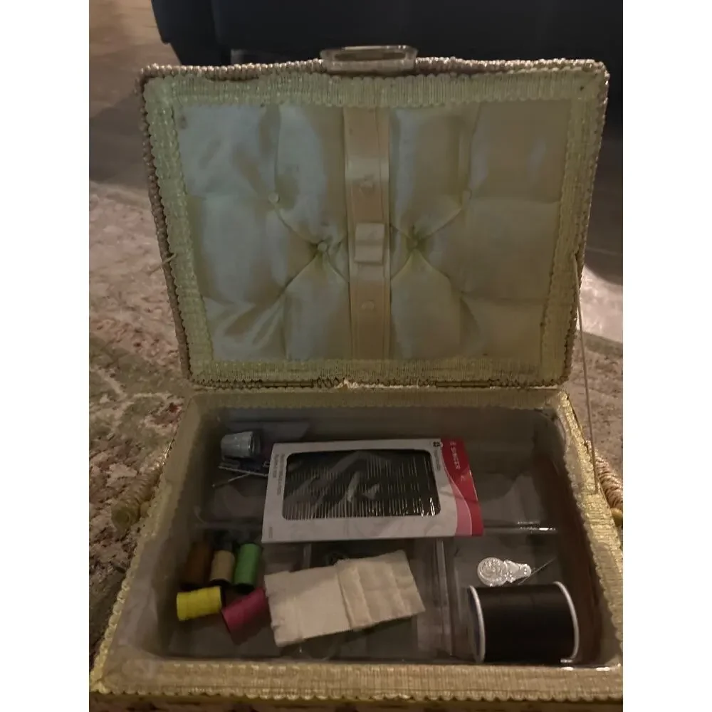 Vintage Sewing Box with contents plus large metal basket of thread